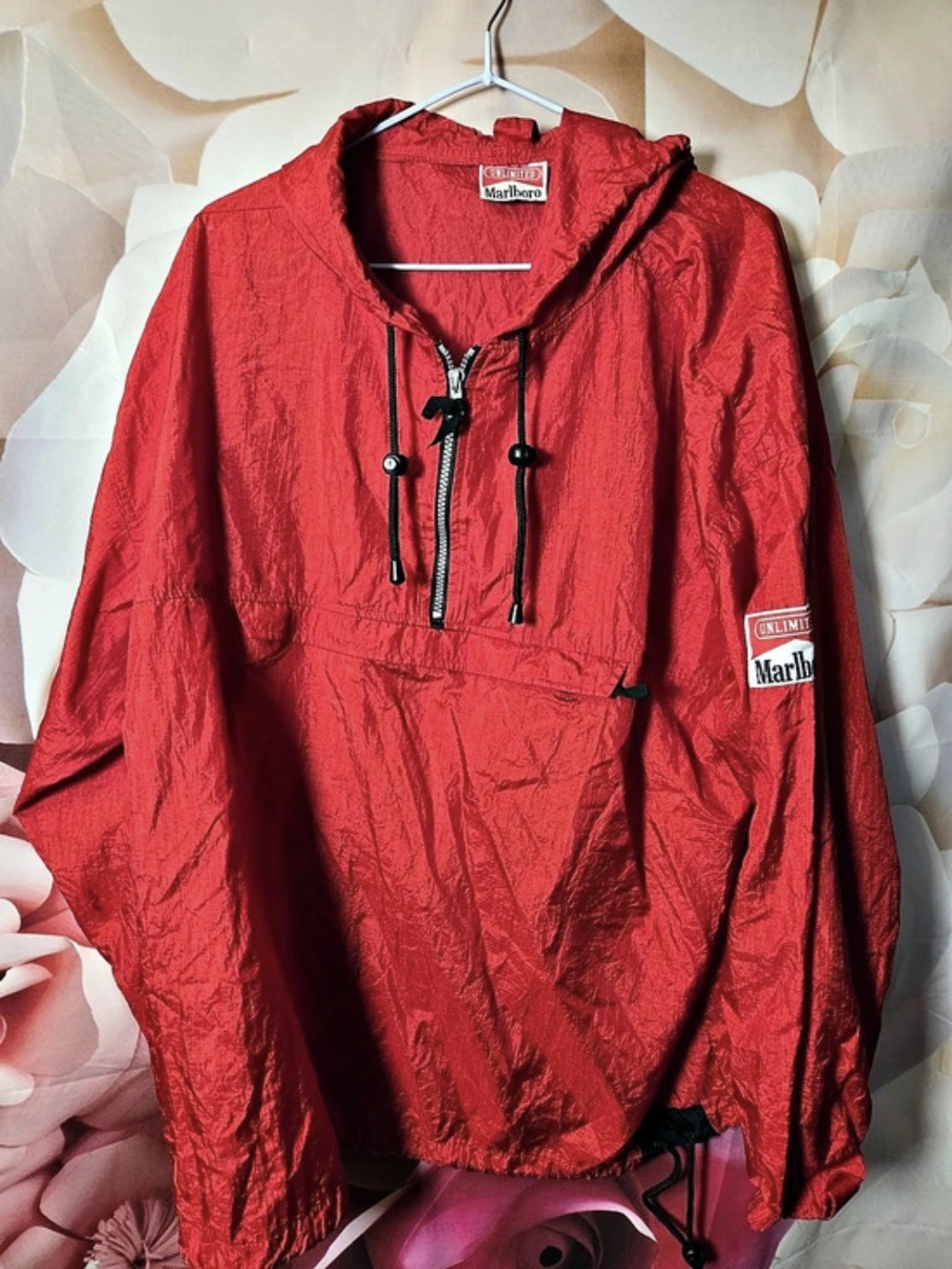 Marlboro Unlimited Vintage Red Nylon Anorak Windbreaker Jacket Red Nylon